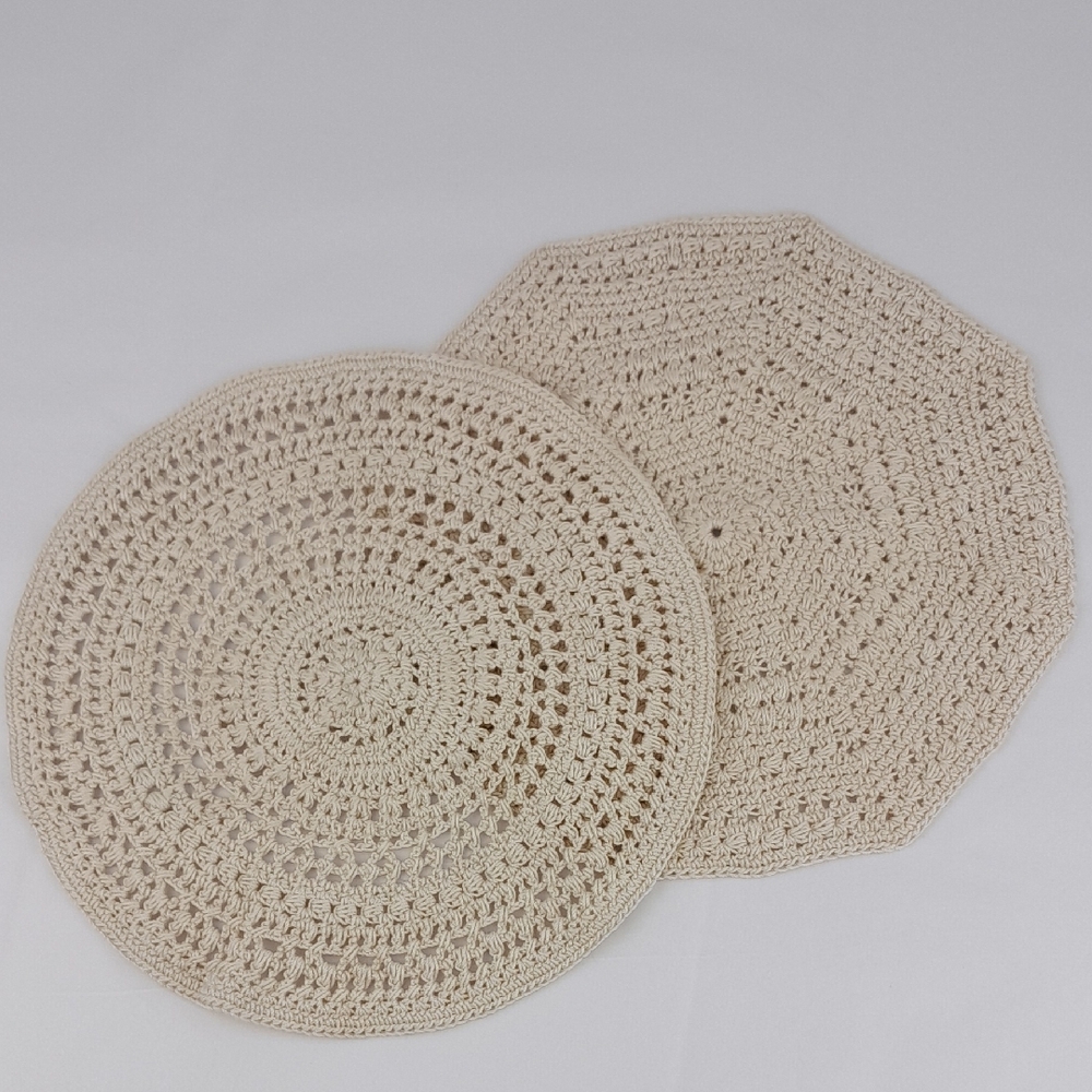 Two Round Cream Crocheted Dolies Placemats